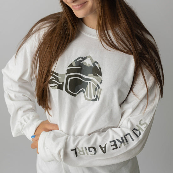 Ski Like A Girl Womens Long Sleeve T-Shirt White Camo Logo - Ski Like A Girl