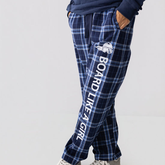 Womens Snowboard Flannel Pajama Pants Navy Blue Plaid - Ski Like A Girl
