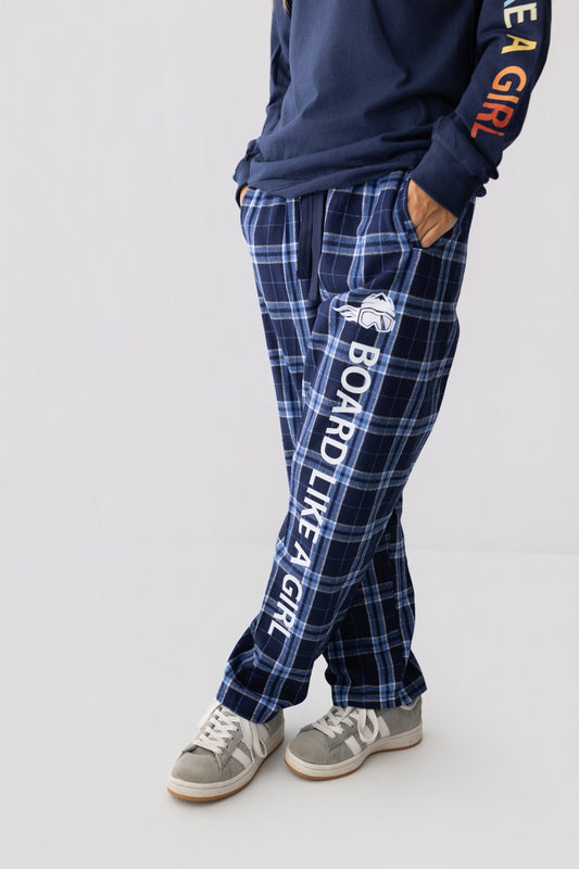 Womens Snowboard Flannel Pajama Pants Navy Blue Plaid - Ski Like A Girl