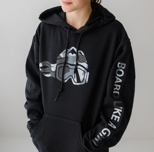 Womens Snowboard Hoodie Black White Camo - Ski Like A Girl