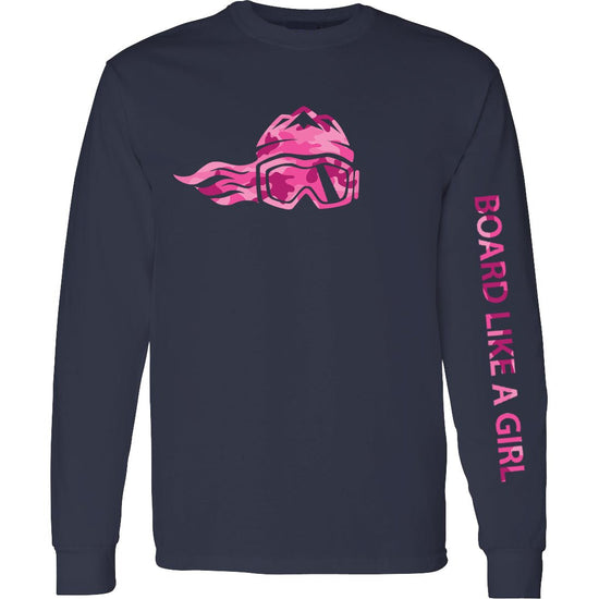 Womens Snowboard Long-Sleeve T-Shirt Navy Pink Camo - Ski Like A Girl