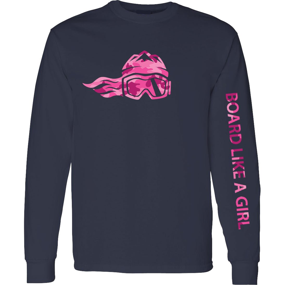 Womens Snowboard Long-Sleeve T-Shirt Navy Pink Camo - Ski Like A Girl